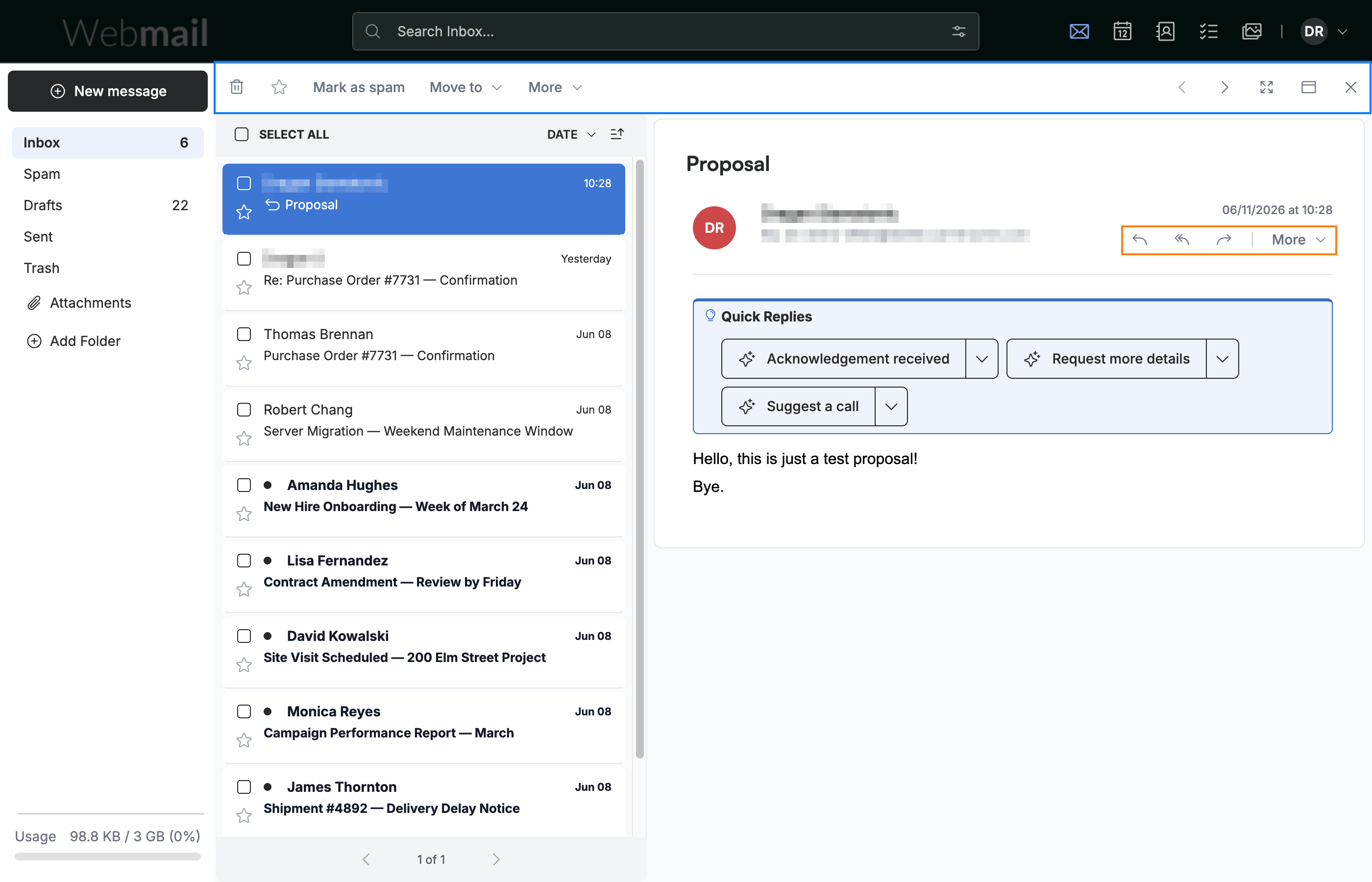 Step 1 — Open a message to show the toolbars
